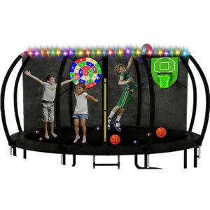 Trampoline Accessories Kit Kids, Basketball Hoop with 3 Mini Basketballs,50FT Solar Lights Fit 8 10 12 14 15 16FT Trampoline Outdoor 8 Mode, Choose from 2 Kits with Sprinkler or Dart Board & Glow Net