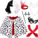 Akokvlar Halloween Costumes for Women Dalmatian Shawl with Gloves Wigs Mask Earrings Headband Set (White, Medium)