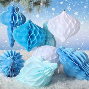 Watersay 10 Pcs Jumbo 10-14 Inch Christmas Honeycomb Paper Ornaments Hanging Xmas Honeycomb Balls Reusable Vintage Christmas Paper Lantern for Holiday Indoor Tree Party Decor (Blue Colors)