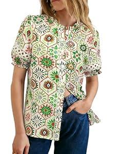 GRACE KARIN Women Boho Floral Tops, Summer Short Eyelet Sleeve Dressy Casual Shirts, Spring Button Down Blouse 2026 Trendy Green XX-Large