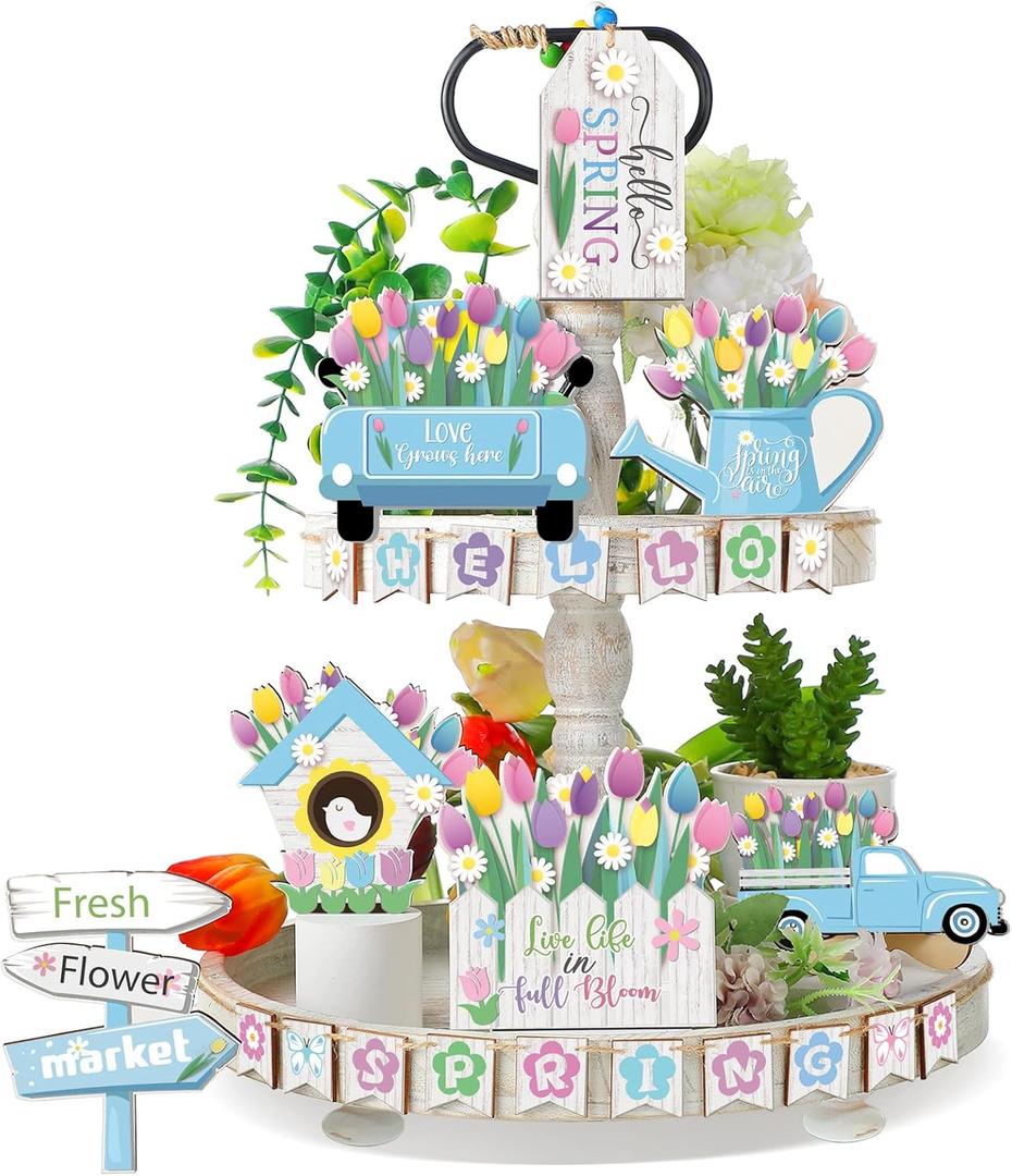 Bucherry Hello Spring Tiered Tray Decor Tulips Table Wooden Sign Decorations Flower Market Tabletop Rustic Farmhouse Decor for Spring Holiday Party Home Kitchen (Tulip Style)