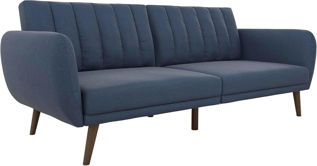 Novogratz Brittany Sofa Futon, Premium Linen Upholstery and Wooden Legs, Blue Linen