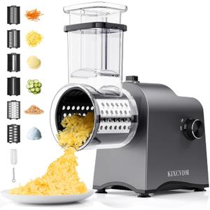 6-In-1 Electric Cheese Grater, Salad Shooter with 6 Different Shapes of Blades, 250W Automatic Cheese Shredder, Rotary Switch Kitchen Electric Slicer for Cheese, Fruits, Vegetables, Smoothie