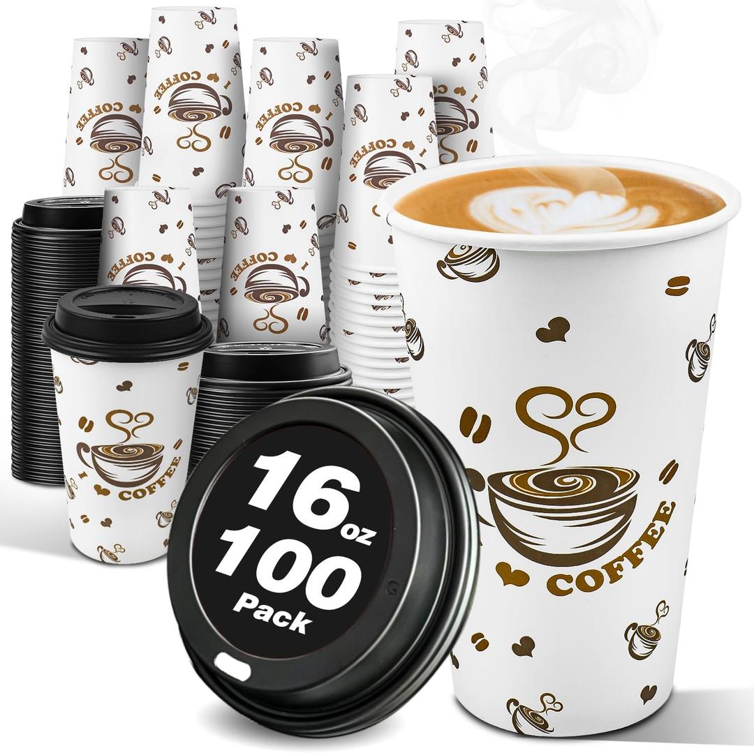 Ginkgo 100 Pack Disposable Paper Coffee Cups with Lids 16 oz, To Go Hot Cups for Hot CoCoa, Chocolate and Drinks