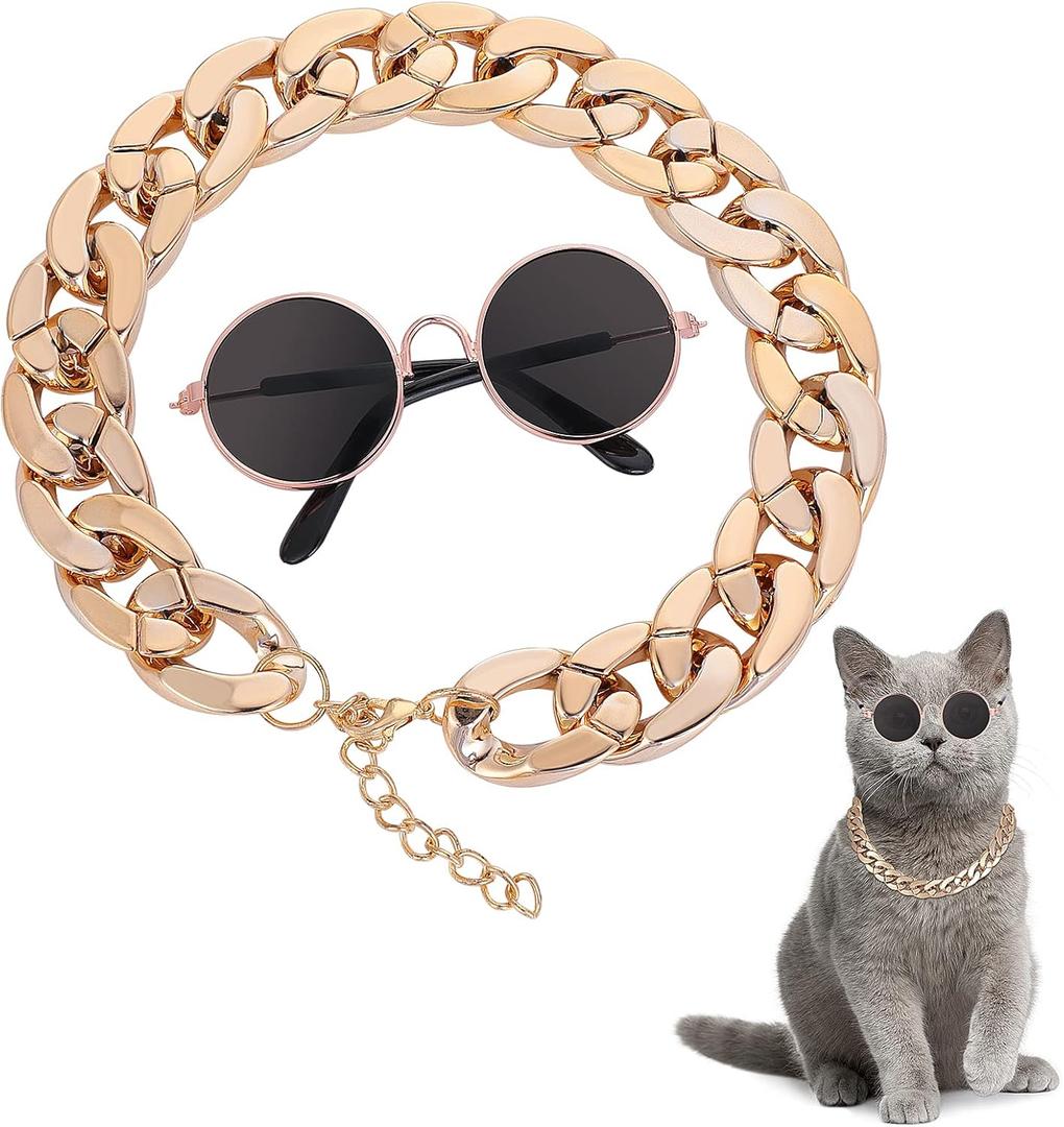 Molain Cat Sunglasses Gold Chain Costume Decorations UV Protection Classic Retro Puppy Retro Sunglasses Faux Photo Props