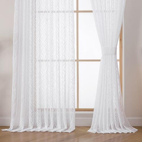 OWENIE Max White Pinch Pleated Sheer Curtains 96 Inches Long for Bedroom Living Room, Modern Leaf Jacquard Light Filtering Window Curtains, Soft Semi Sheer Window Treatments, White, Each 54x96 Inch