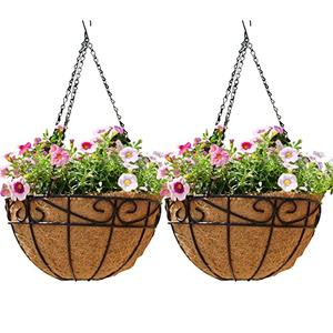 EIMQUVW Outdoor Metal Hanging Planters Basket (2pack, 14 inch) Hanging Baskets for Plants Chain Round Wire Plant Holder with Coco Fiber Liners for Garden, Patio, Deck, Porch(Flower Border)