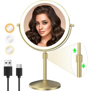 8" Lighted Makeup Mirror, 1X/10X Magnification Mirror with Lights, Double Sided Dimmable Mirrors, Rechargeable & Brightness & Height Adjustable, Cordless Vanity Mirror(Gold)