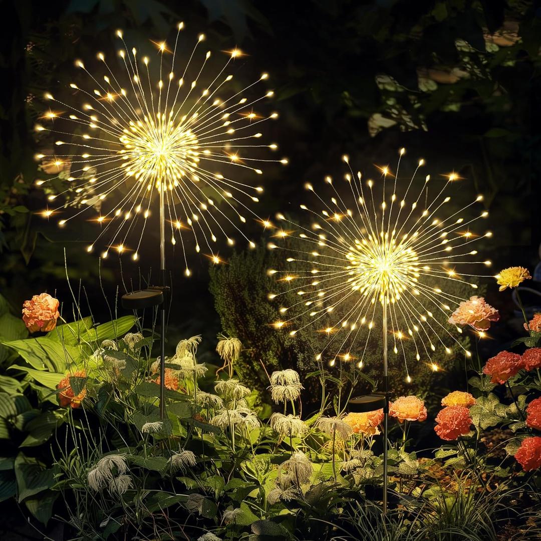 GIGALUMI Garden Decor Outdoor Lights 120LED 2Pack, Solar Garden Lights Outside Fairy Firework Decorative,Solar Powered for Yard Pathway Flowerbed Planter Balcony Patio 4th of July Decor, Warm White