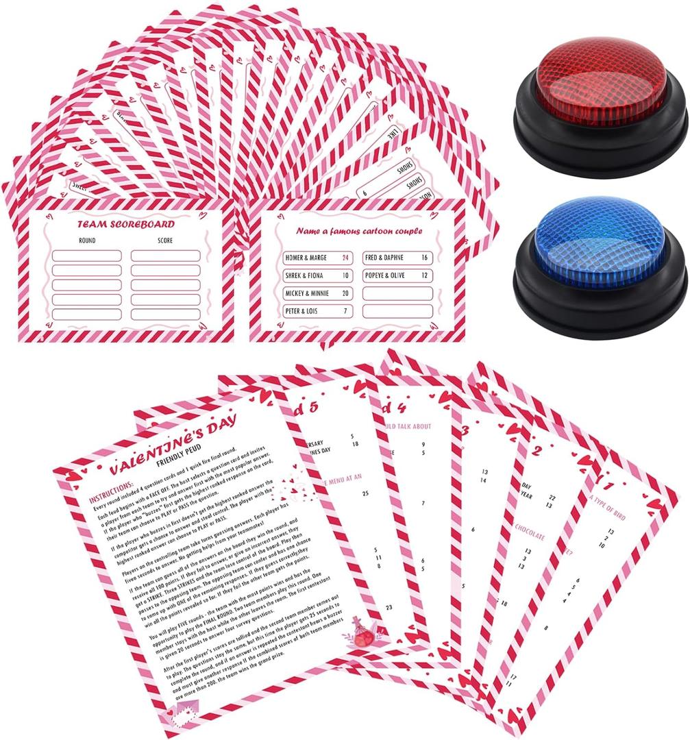 30 Pcs Valentine's Day Friendly Feud Game with 2 Answer Buzzers,Cupid Card Friendly Feud Quiz,Roomantic Feud Card Game for Adults Couples,Trivia Quiz,Fun Galentine's Day,Office, Team Building