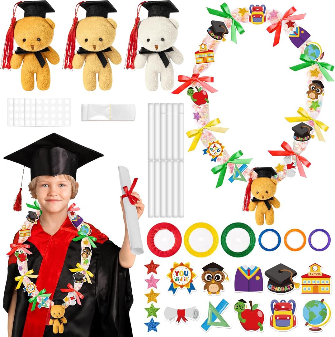 BeYumi Candy Lei Making Kit - 12Pcs Graduation Stuffed Bear Candy Lei Making Kit Hawaiian Congrats Present Ribbons Wrapping DIY Grad Wreath for Kindergarten Kids Student Gift Graduation Party Supplies
