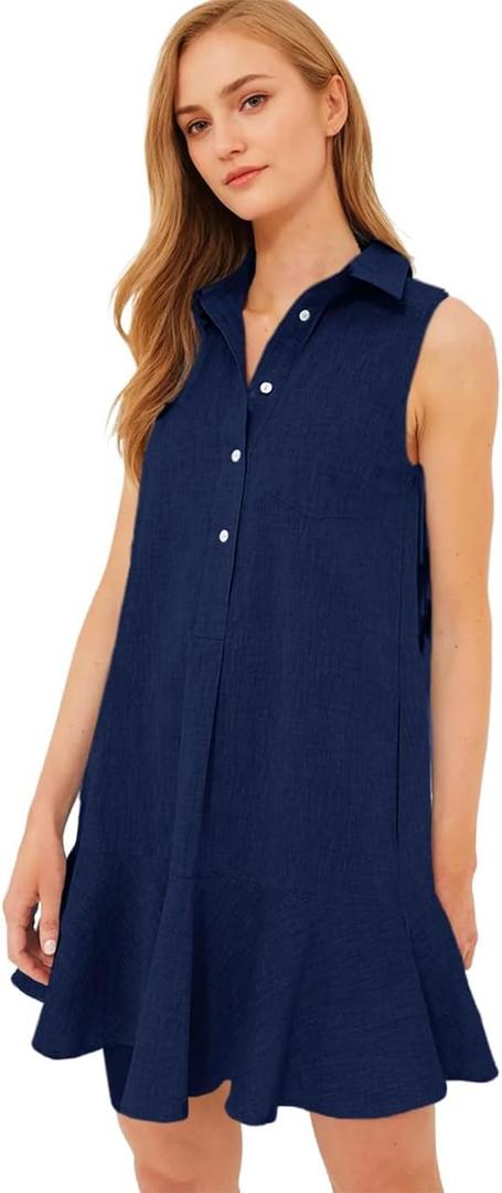 Women's Sleeveless Shirt Dress Summer Collared Button Down Ruffle Hem Tank Mini Dress (Medium, Navy)