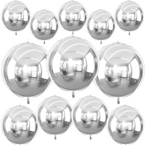 12Pcs Silver Round Foil Balloons, 22" 15" 10" 4D Ball Balloons, Metallic Silver Foil Balloon for Birthday Graduation Christmas New Year Eve Disco Party Backdrop Decorations