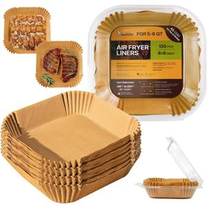 Katbite Air Fryer Liners Disposable - 8 inch Square Non-Stick Airfryer Paper Liners, Unbleached Parchment Paper for 5 to 8 Qt Basket, Frying, Baking, Cooking, Roasting, Easy Cleanup, 130pcs