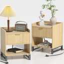 Fluted Night Stand Set 2 with Charging Station, Wood Nightstand with Large Drawer and Open Storage Cabinet, Mid-Century Modern Bedside Table End Table for Bedroom Closet Office, Reclaimed Light Oak