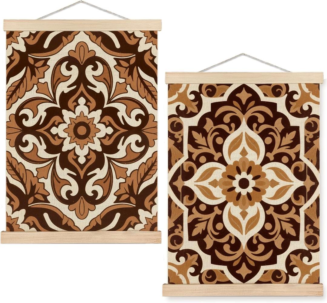 SPBL&L Floral Mexican Wall Art, Boho Abstract Flower Poster Hanger Frame, Burnt Orange Terracotta Botanical Hanging Canvas Pictures Prints Wall Decor for Home Bedroom, 12x16 Inch Set of 2