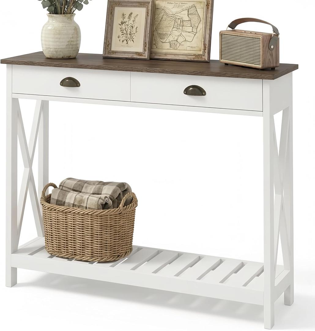 ChooChoo Farmhouse Console Table with Drawer for Entryway, Narrow Long Entry Table with Shelf for Living Room, Rustic Vintage Hallway Sofa Table with Stable X Supports, 40 White (39.37"W*11.81"D*31.5"H)