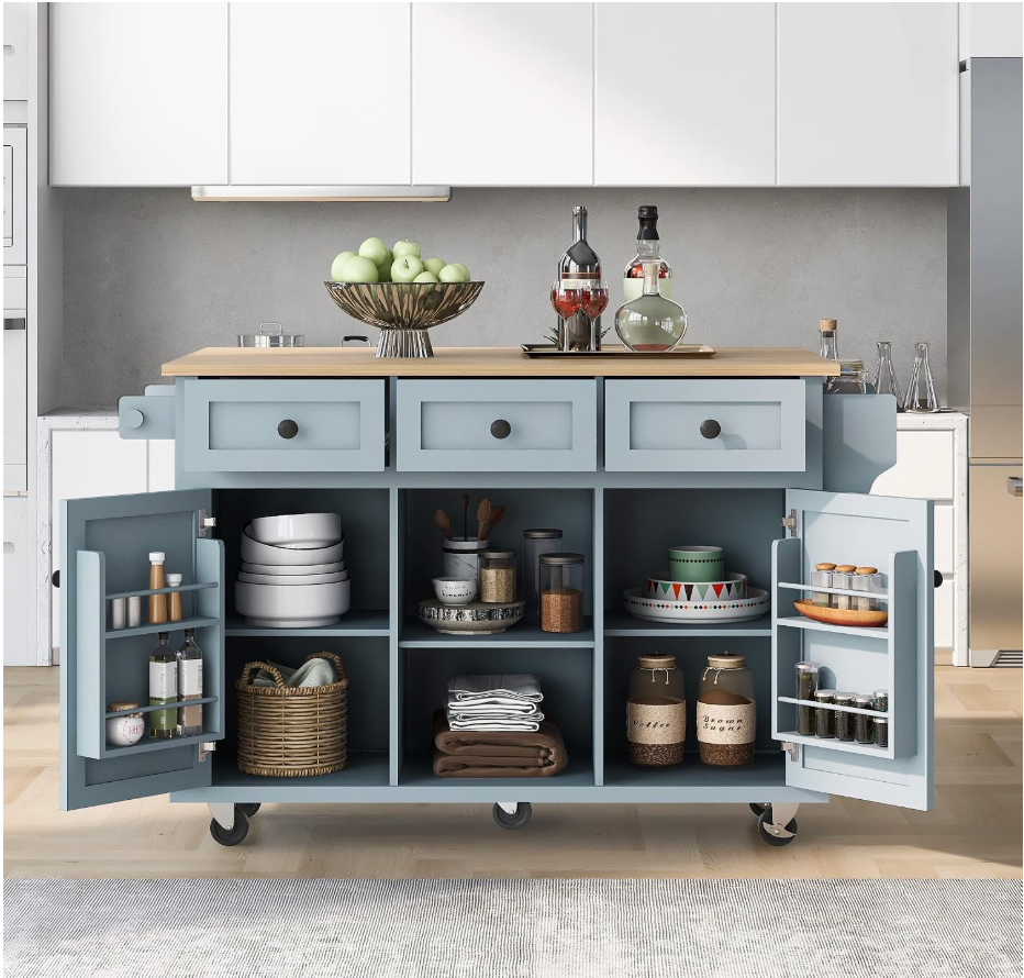 Kitchen Cart with Rubber Wood Drop, Leaf Countertop, Kitchen Island on 5 Wheels with Storage Cabinet and 3 Drawers for Dinning Room (Grey Blue)