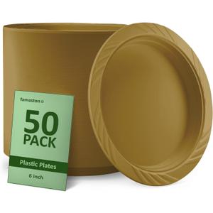 50 Count 6" Gold Plastic Plates Disposable Heavy Duty for Weddings, Parties, and Outdoor Events  Big Round Dinnerware Set for Full Meals, Picnics, BBQ, Office, Kids Birthday  Bulk 6 Inch Plates