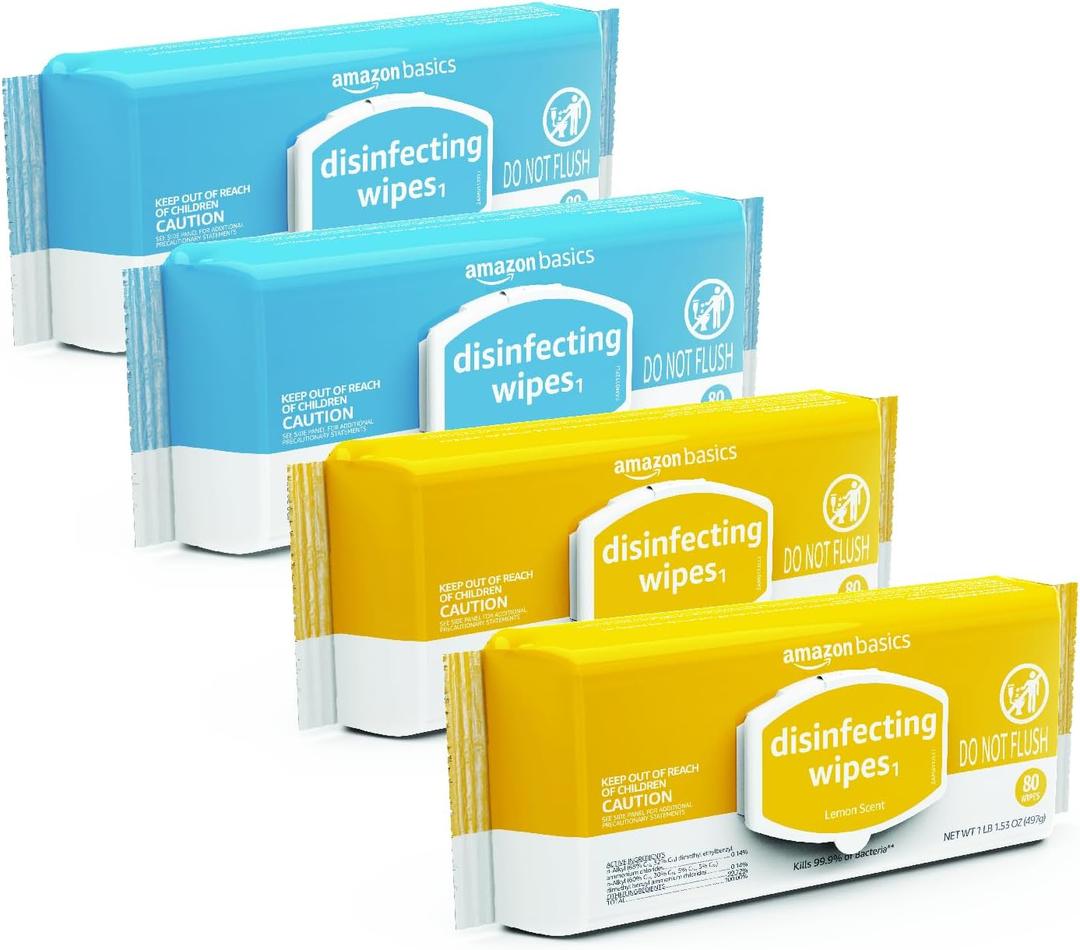 Amazon Basics Disinfecting Wipes, Lemon & Fresh Air Scent, Sanitizes/Cleans/Disinfects/Deodorizes, 320 Count (4 Packs of 80)