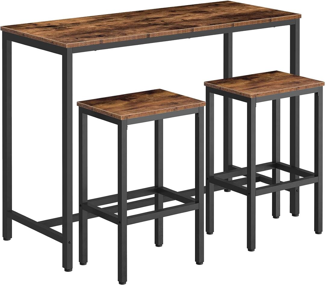 HOOBRO Bar Table and Chairs Set, 47.2 Rectangular Pub Table with 2 Stools for Small Space, High Top Table, 3-Piece Breakfast Table Set, Sturdy Metal Frame, Easy to Assemble, Rustic Brown BF52BT01