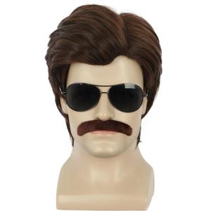 yuehong Short Adult Mens Brown Wig 70s 80s Male Wig Cosplay Costume Hair with Brown Mustache