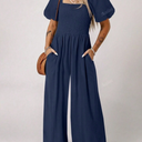 Acelitt Women Solid Color Minimalist Crew Neck Loose Short Sleeve Jumpsuit, SIZE M