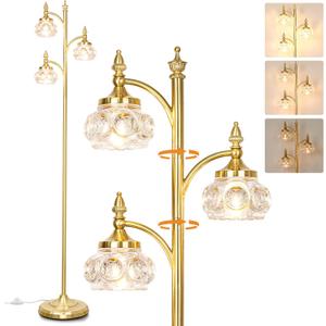 Gold Floor Lamp, Dimmable Tree Floor Lamps for Living Room Brass Tall Standing Lamp with 3 Rotatable Lights Glass Shade 66.5'' Modern Corner Lamp for Bedroom Office(3LED Bulbs Included)