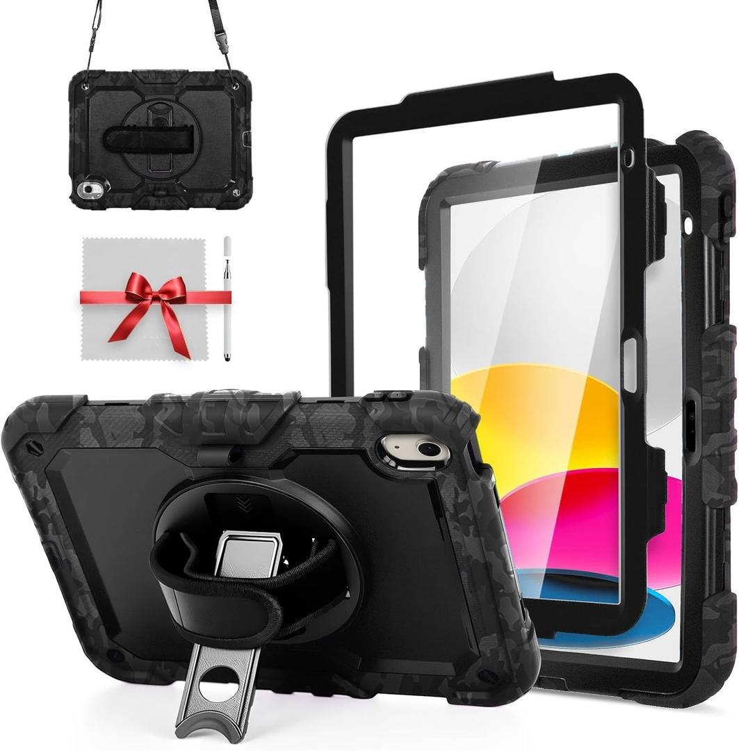 iXTRA Shockproof Case for iPad 11th Gen 11'' A16 2025, iPad 10th Gen 10.9'', Rugged Case with Screen Protector, 360 Rotating Handle & Stand, Shoulder Strap, Pencil Holder for Men Kids, Camouflage