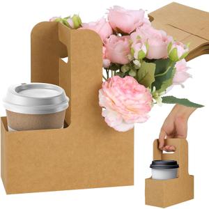 60 pcs Brown Kraft Paper 2 Cup Drink Carrier with Handle Disposable Kraft Paperboard Cup Holder for Hot or Cold Drinks, Take-Out Cup Carrier & Coffee Carrier for Food Delivery, 2-Cup Drink Tray