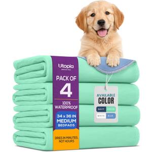 Utopia Bedding Washable Pee Pads for Dogs 34" x 36" (Pack of 4), Waterproof Incontinence Bed Pads for Adults, Elderly and Kids, Heavy Absorbency Pet Training Pads for Sofa and Couch (Green, Blue)