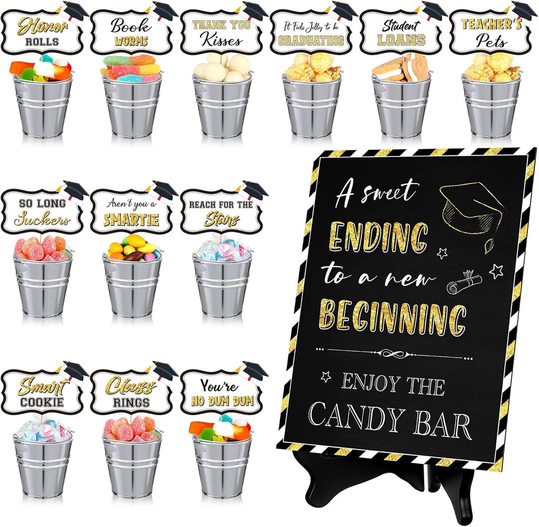 Nuogo 34 Pcs Graduation Candy Buffet Set Class of 2026 Mini Candy Bar Party Supplies 2.6'' Mini Metal Buckets with Handles Table Sign with Stand Labels for 2026 Graduation Dessert Table Decorations