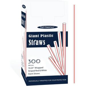 Party Essentials Pack of 300 Disposable Individually Wrapped 10.25 Inches Long Giant Plastic Drinking Straws, Striped Red & White