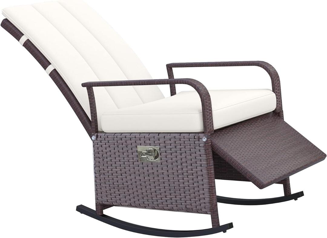 Outsunny Wicker Outdoor Rocking Chair, Patio Recliner with Adjustment Backrest, PE Rattan Lounge Chair with Adjustable Footrest and Cushions for Garden, Backyard, Porch, Beige (Multi Color)
