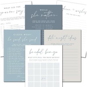 Bridal Shower Games for 25 Guests, 6 Fun Games, Double-Sided Card, Blue