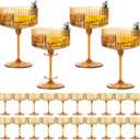 24 PCS Ribbed Coupe Glasses Amber Plastic Champagne Coupe Cup 10oz Detachable Gold Rim Espresso Martini Glass Vintage Margarita Glassware Cocktail Glass Disposable for Thanksgiving Wedding
