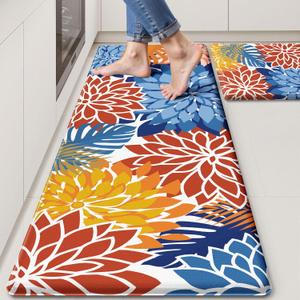Arenarug Kitchen Mats for Floor 2PCS Cushioned Anti Fatigue Kitchen Mats Waterproof Non Slip Kitchen Mat Rug Set Comfort Foam Standing Mat for Sink, Laundry, Office,17.3" x 28" + 17.3" x 47", Red Blue