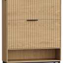 Akxomel 31.5" W Fluted Shoe Storage Cabinet, Narrow Hidden Shoe Rack Cabinet with Metal Legs, Narrow Shoe Organizer, 2 Flip Drawers, for Entryway, Hallway, Living Room, Natural Oak