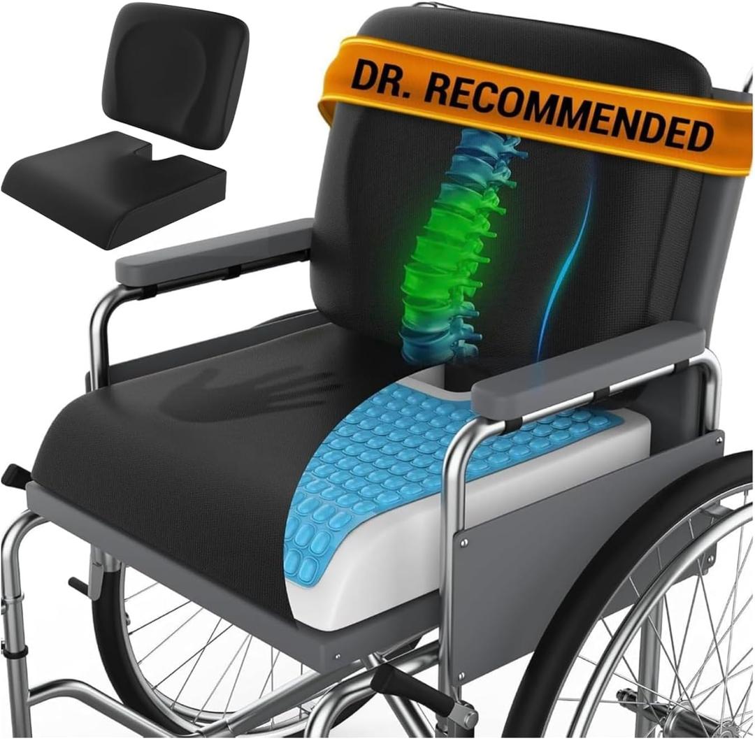 Wheelchair Cushion for Pressure Relief - (2-Piece Set) 18x16 Anti-Slip Wheelchair Seat Cushions for Adults, Seniors with Lumbar Pillow and Removable Strap, Gel Cushion for Wheelchair (Black)