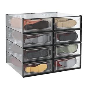 PARANTA 8-Piece Boot and Shoe Storage Box, Stackable Clear Plastic Shoe Box, Space-Saving Shoe Organizer for Boots, Sneakers, and High Heels, Black