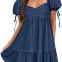 POTILI Denim Dress for Women Puff Short Sleeve Jean Dresses Sweetheart Neck Denim Mini Dress (Blue, M)