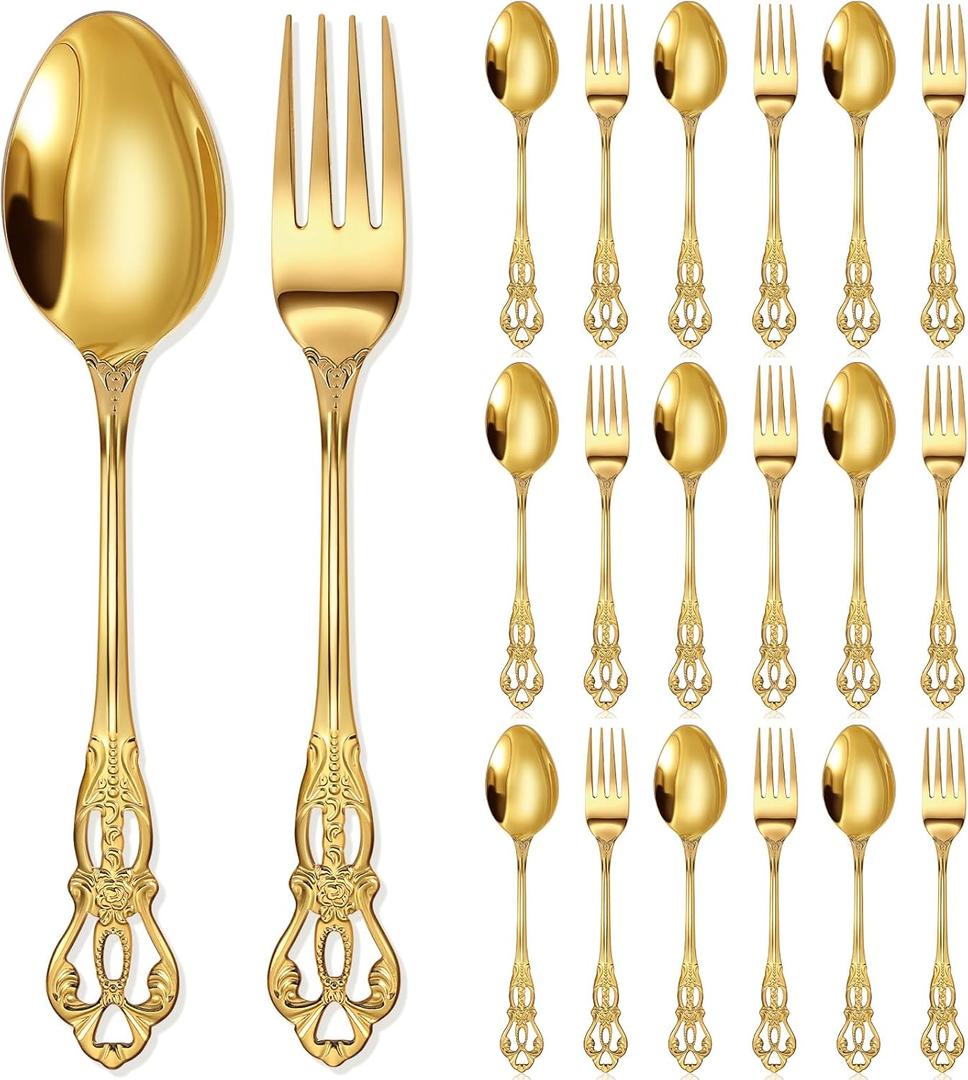 Dandat 20 Pcs Gold Forks and Spoons Silverware Set, Stainless Steel Flatware Cutlery 8-inch Utensil for Wedding, Party, Home, Dinners, Kitchen and Restaurant, Mirror Polished, Dishwasher Safe(Retro)