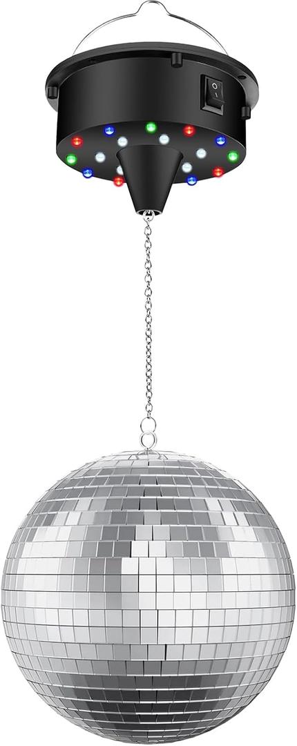 Disco Ball with Motor and Light, 4 Colors Light with 18 LED Beads, 5/8/10/15 RPM Rotating Motor with 6" Mirror Ball Remote for 70s 80s DJ Club, Wedding, Birthday, Party Essential