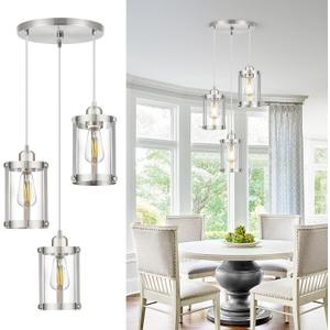 3-Light Pendant Lighting, Brushed Nickel Dining Room Chandelier Light Fixture Over Table with Clear Glass, Modern Cluster Hanging Lights for Kitchen Island Sink, OS-3014-3BN