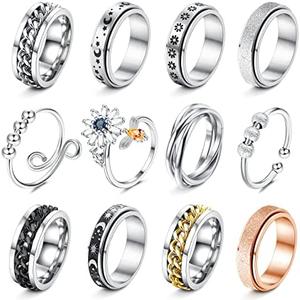FASACCO 12Pcs Fidget Anxiety Rings for Women Men - Spinner Fidget Rings for Anxiety Relieving Stress Flower Moon Star Stainless Steel Rings Adjustable Size 13