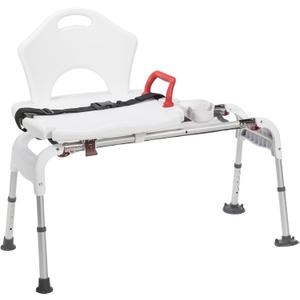Drive Medical RTL12075 Adjustable Height Sliding Bathtub Transfer Bench Shower Chair with Armrests and Seatbelt, 300 Pound Weight Capacity, White