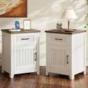 Decofy Farmhouse Nightstand with Charging Station, Set of 2 Modern End Tables with Large Storage and One Drawers, Outlets, USB Ports & Type-C Ports, Easy Assembly for Bedroom (Pure White + Walnut)