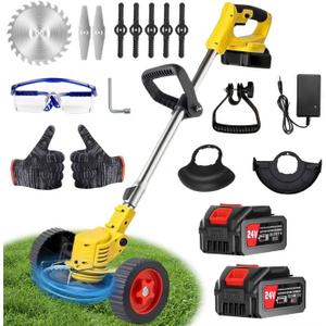 24V Electric Weed Wacker with Wheels, Cordless Grass Trimmer with 2x2000mAh Batteries & Charger, 3 in 1 Grass Stringless Lightweight Brush Cutter/Grass Trimmer/Lawn/Edger for Lawn, Garden and Yard