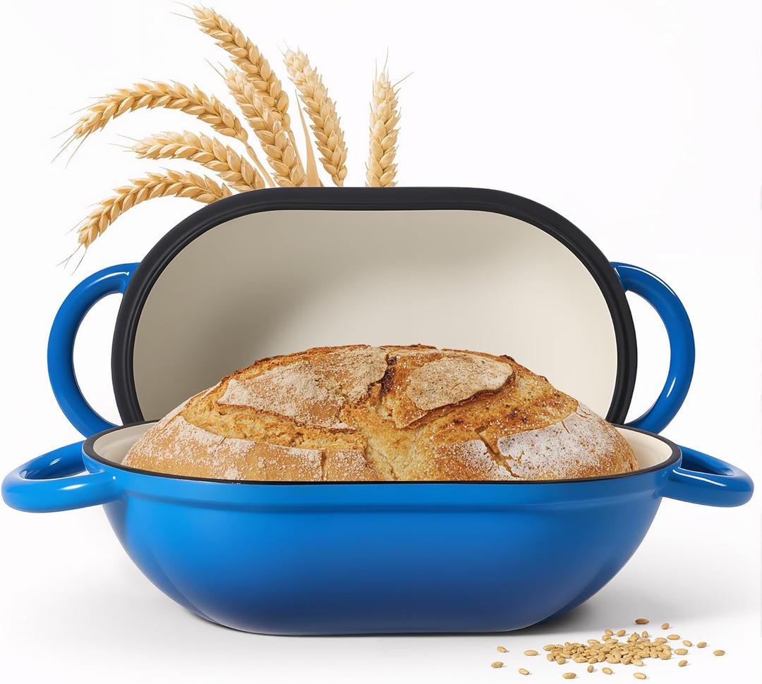 2 QT Oval Dutch Oven for Bread Baking, Enamelled Cast Iron Bread Oven for Sourdough, Sourdough Loaf Pan with Lid, Heavy-Duty Non Stick Bread Pan for Homemade Bread Baking, Blue