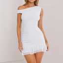 GOKATOSAU Women's One Off Shoulder Sleeveless Bodycon Ruched Mesh Ruffle Hem Mini Dress White (White, Small)